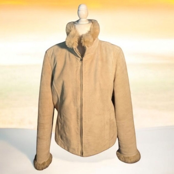 Leather plush faux fur lined heavy warm tan suede zip front jacket sz L - Picture 1 of 10